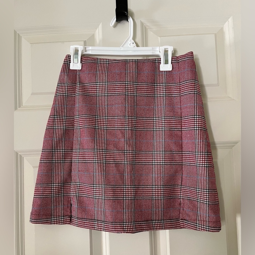 John Galt Red Plaid Mini Skirt Side Slits Back Zipper Academia A Line Size XS